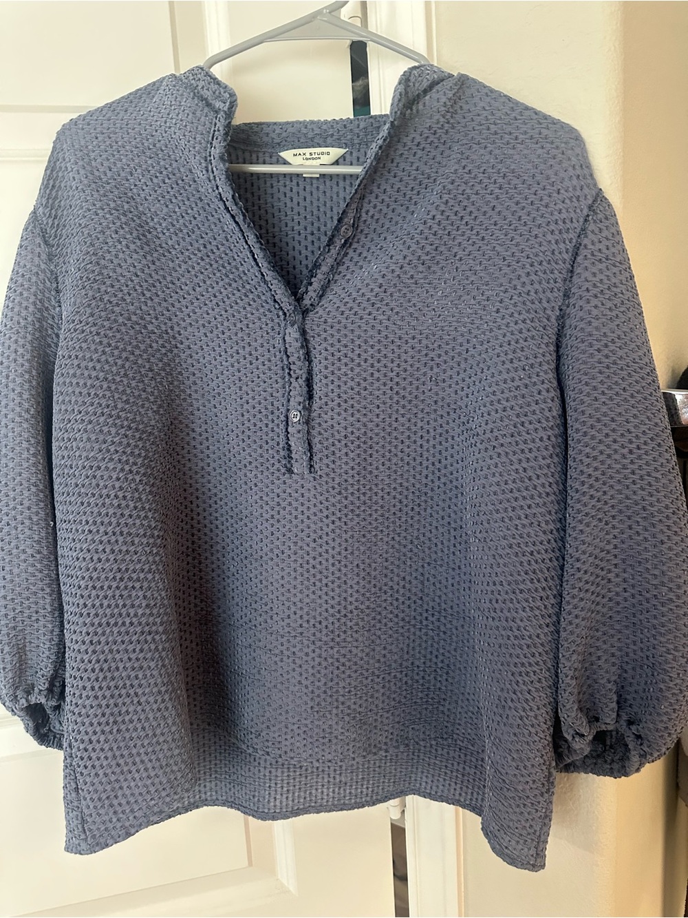 Max Studio Waffle-Knit Blue Popover Blouse